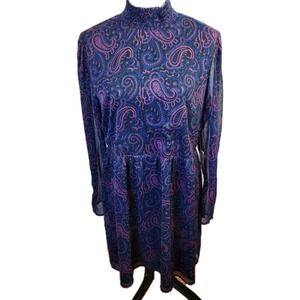 NWT Modcloth Womens Knit Paisley Dress Size Large Purple & Blue Mock Neck Sleeve